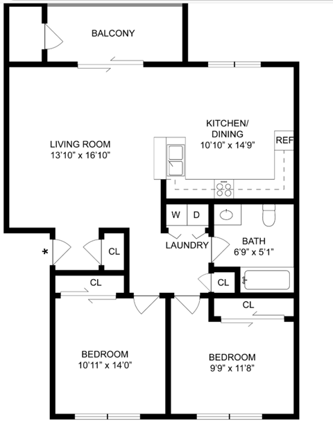 Floor plan for 2 beds, 1 bath, 907 sqft